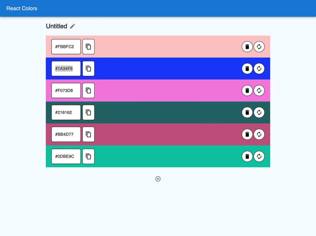React Colors app showing a collection of colors 